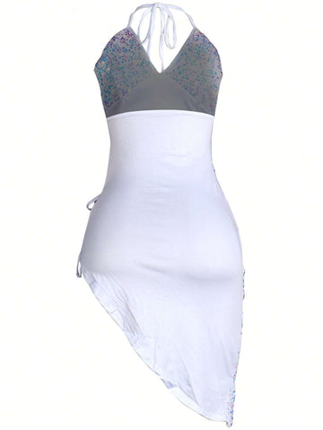 1pc Women's Sleeveless Sequin Tie Waist Dress For Party & Beach