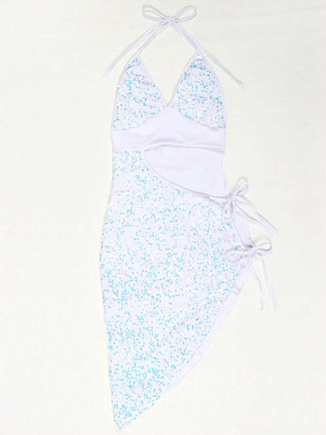 1pc Women's Sleeveless Sequin Tie Waist Dress For Party & Beach