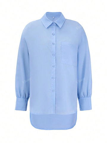 1pc Women's Spring & Summer Pocket Casual Buttoned Long Sleeve Shirt
