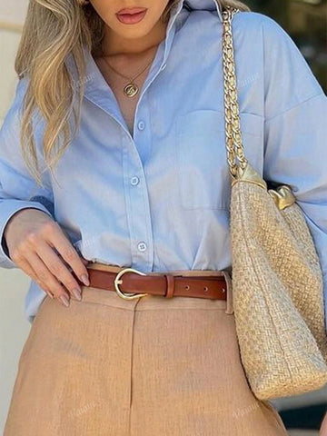 1pc Women's Spring & Summer Pocket Casual Buttoned Long Sleeve Shirt