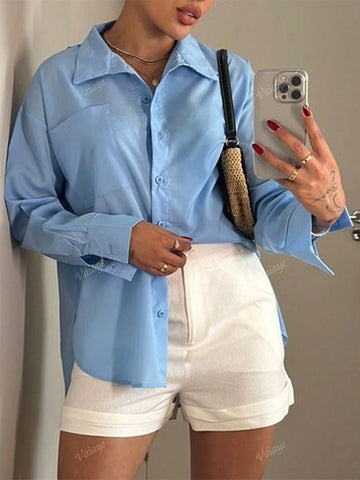 1pc Women's Spring & Summer Pocket Casual Buttoned Long Sleeve Shirt