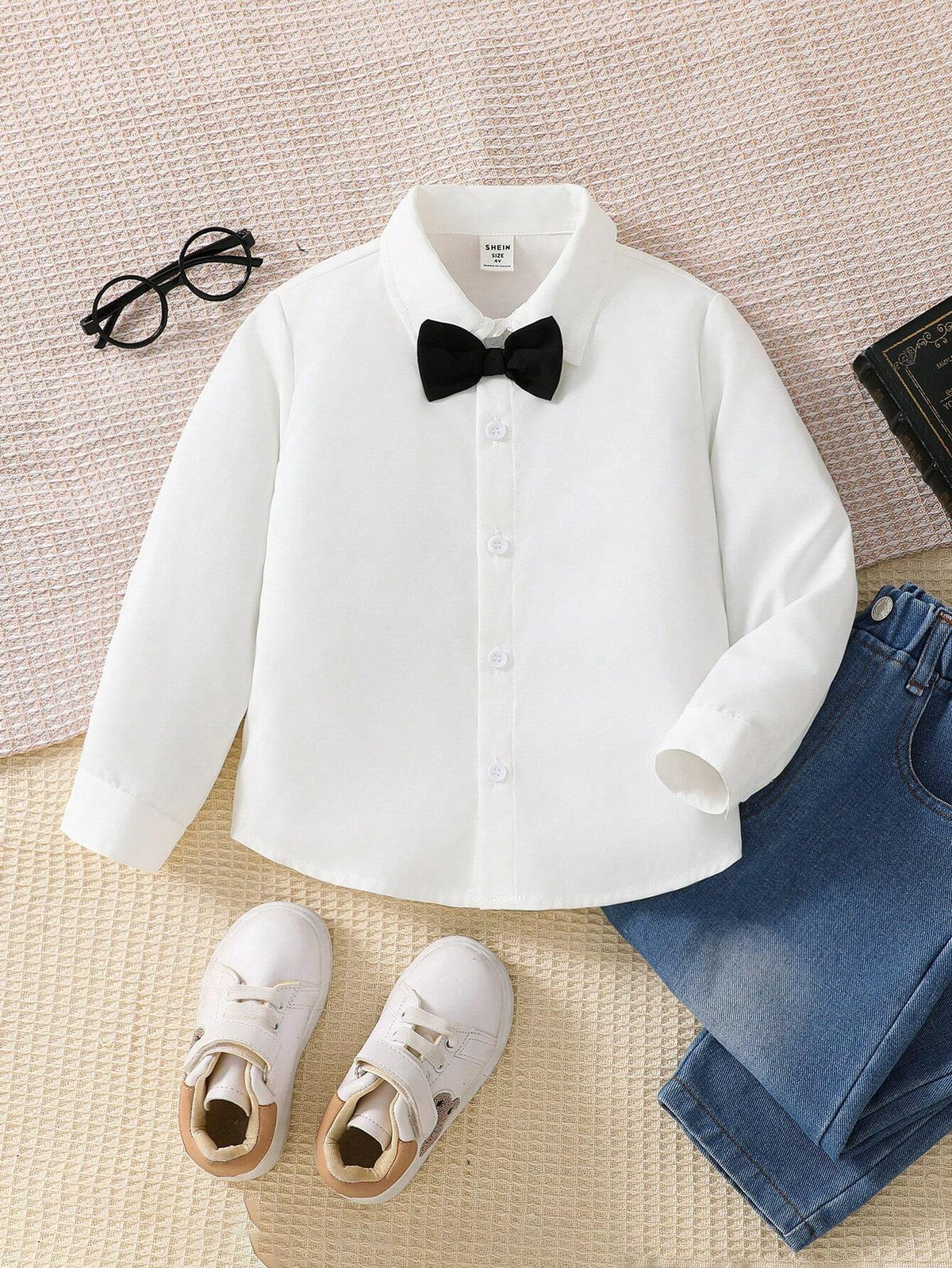 1pc Young Boys Korean Style Collar Bow Tie Long Sleeve White Shirt, Suitable For School, Party And Daily Wear, Autumn/Winter