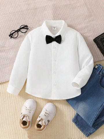 1pc Young Boys Korean Style Collar Bow Tie Long Sleeve White Shirt, Suitable For School, Party And Daily Wear, Autumn/Winter