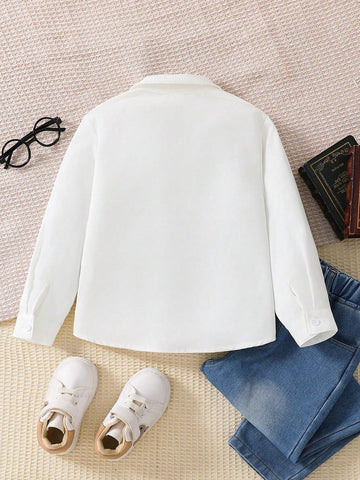 1pc Young Boys Korean Style Collar Bow Tie Long Sleeve White Shirt, Suitable For School, Party And Daily Wear, Autumn/Winter