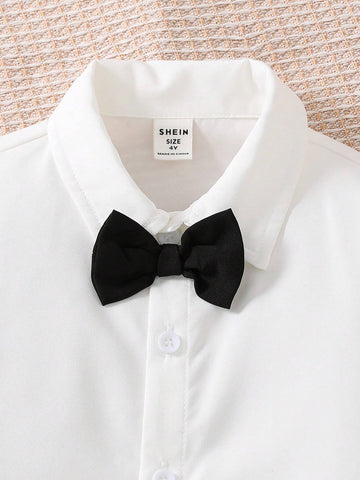 1pc Young Boys Korean Style Collar Bow Tie Long Sleeve White Shirt, Suitable For School, Party And Daily Wear, Autumn/Winter