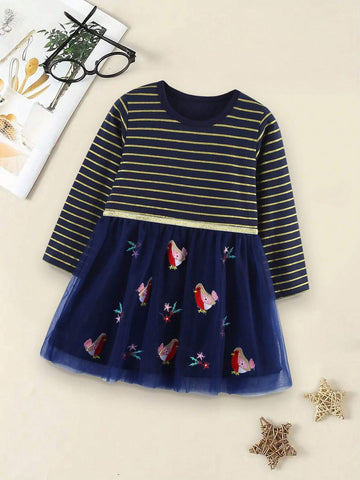 1pc Young Girl Animal Embroidery Mesh Patchwork Striped Round Neck Long Sleeve Dress, Autumn