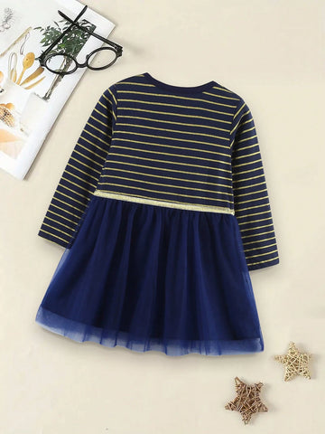 1pc Young Girl Animal Embroidery Mesh Patchwork Striped Round Neck Long Sleeve Dress, Autumn