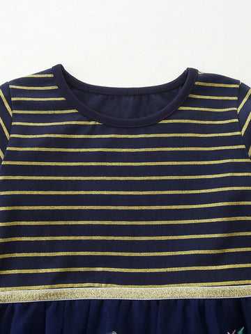 1pc Young Girl Animal Embroidery Mesh Patchwork Striped Round Neck Long Sleeve Dress, Autumn