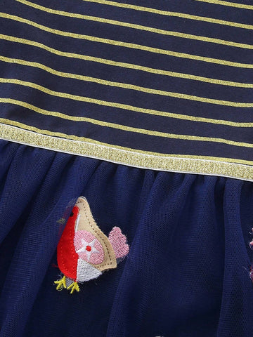 1pc Young Girl Animal Embroidery Mesh Patchwork Striped Round Neck Long Sleeve Dress, Autumn