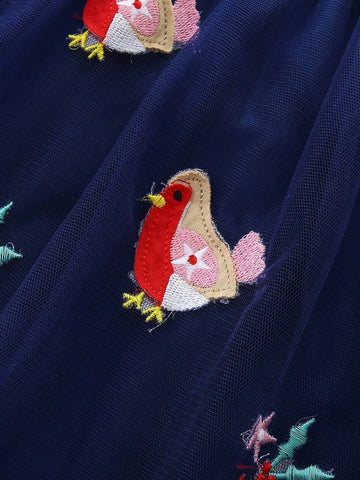 1pc Young Girl Animal Embroidery Mesh Patchwork Striped Round Neck Long Sleeve Dress, Autumn