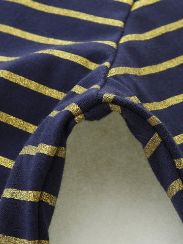 1pc Young Girl Animal Embroidery Mesh Patchwork Striped Round Neck Long Sleeve Dress, Autumn