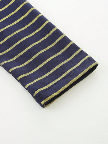 1pc Young Girl Animal Embroidery Mesh Patchwork Striped Round Neck Long Sleeve Dress, Autumn