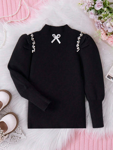 1pc Young Girl Black Knit Sweater Top, Adorable Long Sleeve Pearl & Bow Decor Pullover