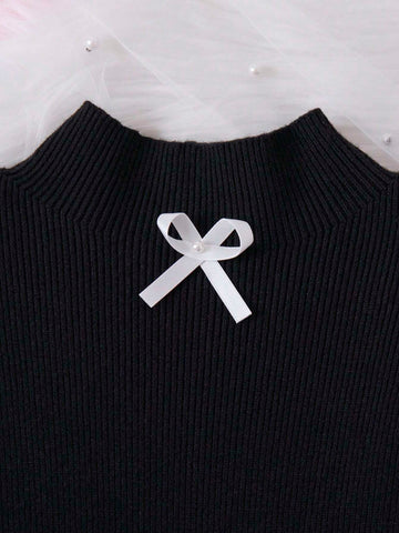 1pc Young Girl Black Knit Sweater Top, Adorable Long Sleeve Pearl & Bow Decor Pullover