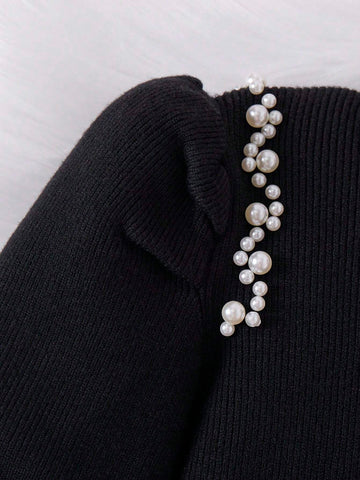 1pc Young Girl Black Knit Sweater Top, Adorable Long Sleeve Pearl & Bow Decor Pullover