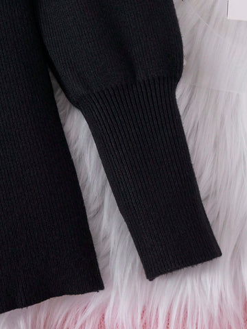 1pc Young Girl Black Knit Sweater Top, Adorable Long Sleeve Pearl & Bow Decor Pullover