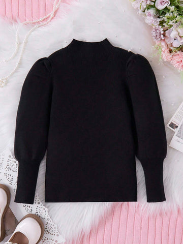 1pc Young Girl Black Knit Sweater Top, Adorable Long Sleeve Pearl & Bow Decor Pullover