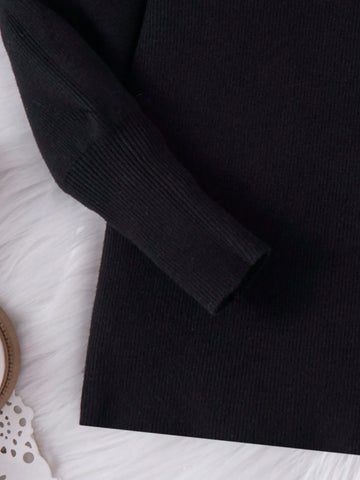 1pc Young Girl Black Knit Sweater Top, Adorable Long Sleeve Pearl & Bow Decor Pullover