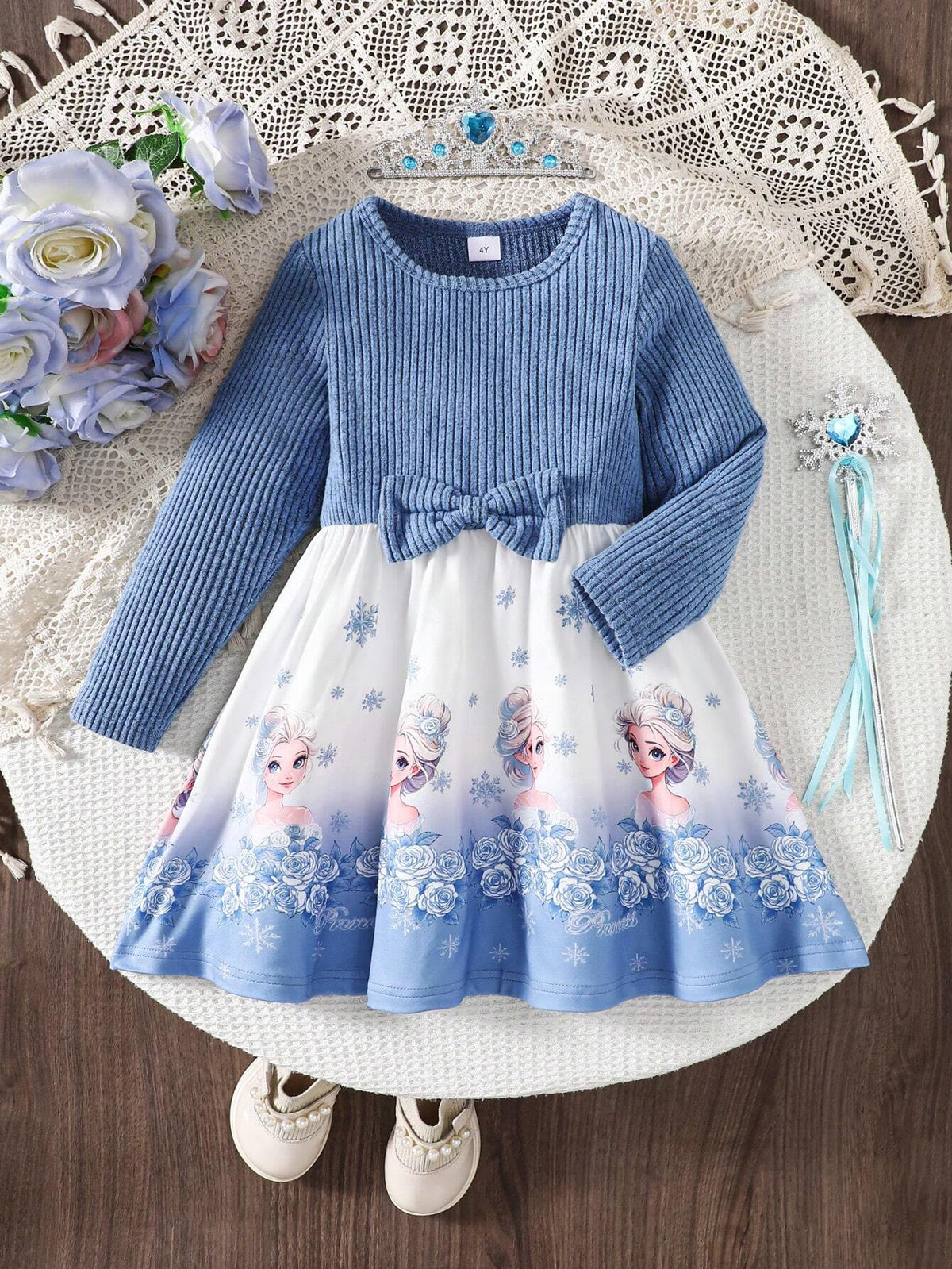 1pc Young Girl Butterfly Waist Decor Round Neck Long Sleeve Dress, Cartoon Ice Princess Printed Hem, Autumn New Release