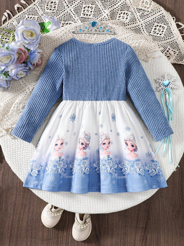 1pc Young Girl Butterfly Waist Decor Round Neck Long Sleeve Dress, Cartoon Ice Princess Printed Hem, Autumn New Release