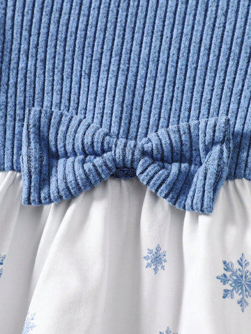 1pc Young Girl Butterfly Waist Decor Round Neck Long Sleeve Dress, Cartoon Ice Princess Printed Hem, Autumn New Release