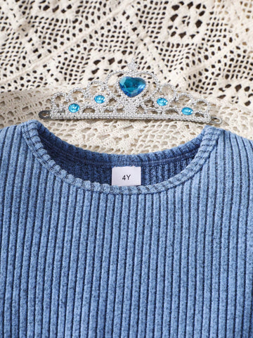 1pc Young Girl Butterfly Waist Decor Round Neck Long Sleeve Dress, Cartoon Ice Princess Printed Hem, Autumn New Release