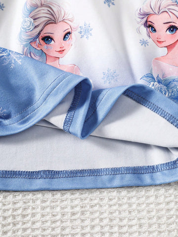 1pc Young Girl Butterfly Waist Decor Round Neck Long Sleeve Dress, Cartoon Ice Princess Printed Hem, Autumn New Release