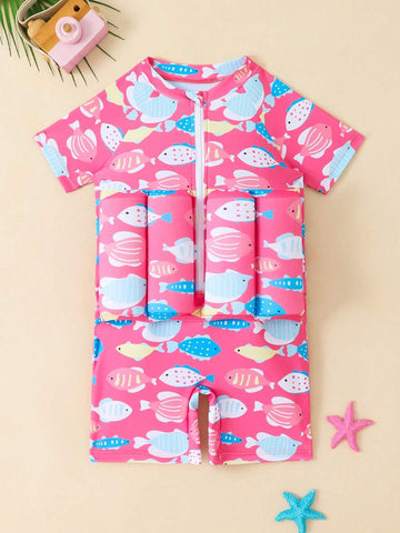 1pc Young Girl Cartoon Fish Print Short Sleeve Jumpsuit With Shorts, For Vacation