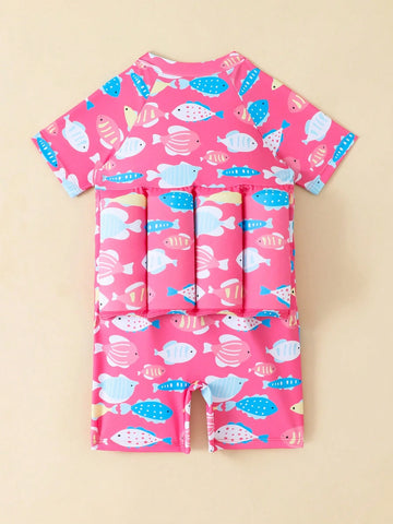 1pc Young Girl Cartoon Fish Print Short Sleeve Jumpsuit With Shorts, For Vacation