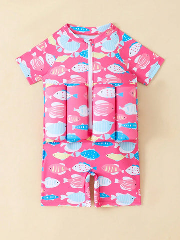 1pc Young Girl Cartoon Fish Print Short Sleeve Jumpsuit With Shorts, For Vacation