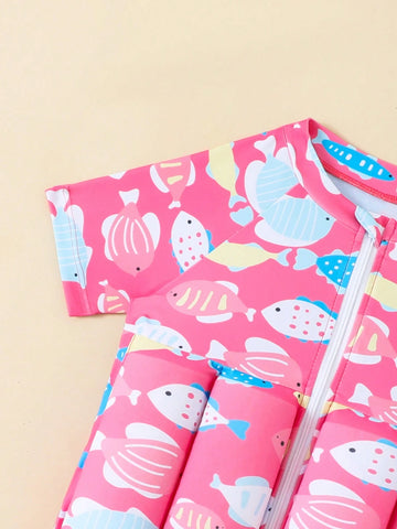 1pc Young Girl Cartoon Fish Print Short Sleeve Jumpsuit With Shorts, For Vacation