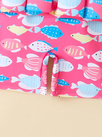 1pc Young Girl Cartoon Fish Print Short Sleeve Jumpsuit With Shorts, For Vacation