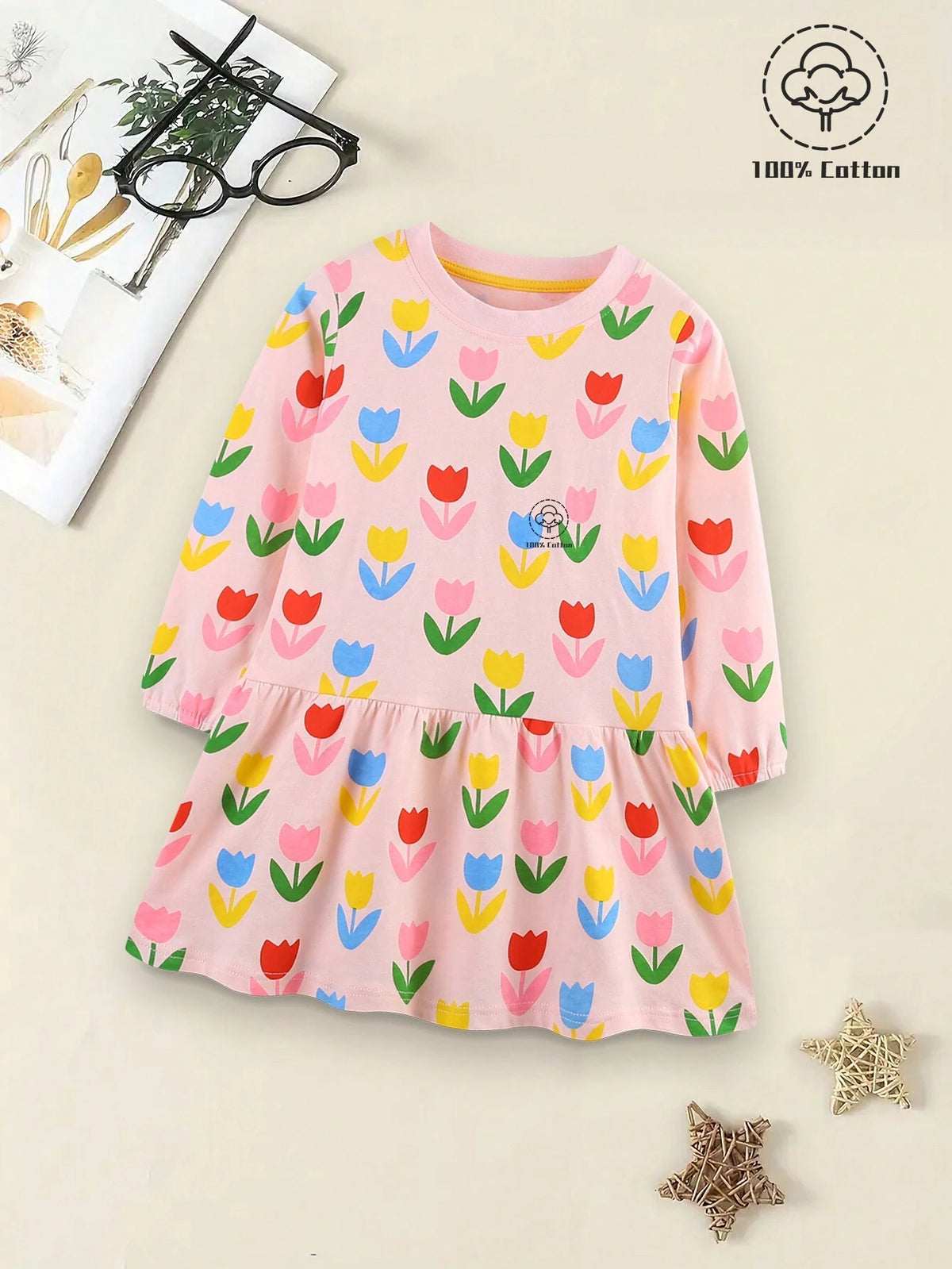 1pc Young Girl' Casual Floral Print Round Neck Dress, Autumn