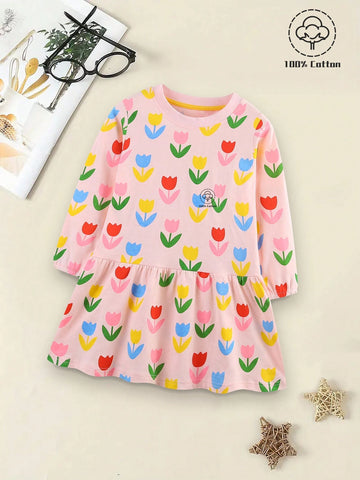 1pc Young Girl' Casual Floral Print Round Neck Dress, Autumn
