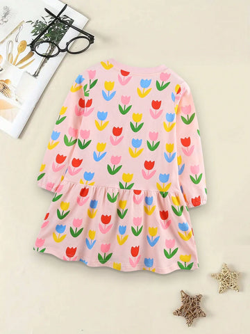 1pc Young Girl' Casual Floral Print Round Neck Dress, Autumn