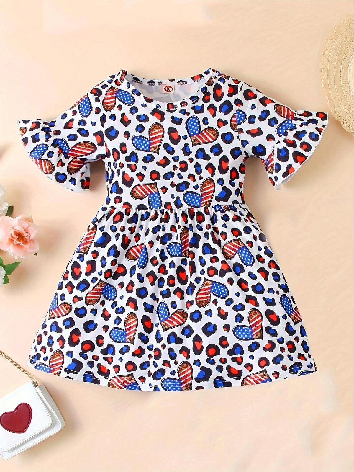 1pc Young Girl Casual Love Heart Leopard Print Short Sleeve Dress, 4th Of July Style, Summer