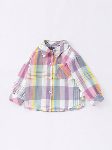 1pc Young Girl Collegiate Style Colorful Plaid Long Sleeve Shirt, Spring Autumn