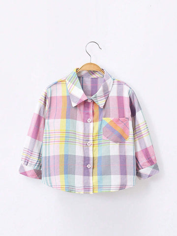 1pc Young Girl Collegiate Style Colorful Plaid Long Sleeve Shirt, Spring Autumn