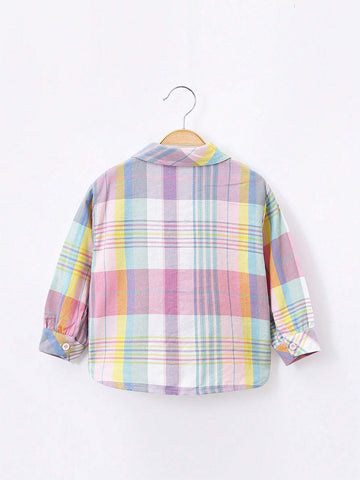 1pc Young Girl Collegiate Style Colorful Plaid Long Sleeve Shirt, Spring Autumn