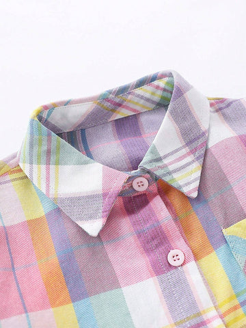 1pc Young Girl Collegiate Style Colorful Plaid Long Sleeve Shirt, Spring Autumn