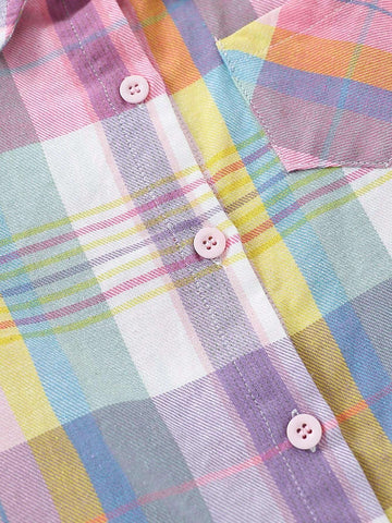 1pc Young Girl Collegiate Style Colorful Plaid Long Sleeve Shirt, Spring Autumn