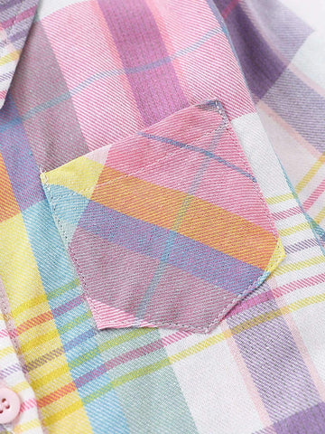 1pc Young Girl Collegiate Style Colorful Plaid Long Sleeve Shirt, Spring Autumn