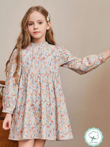 1pc Young Girl' Country Style Floral Puff Sleeve Mini Dress, Autumn
