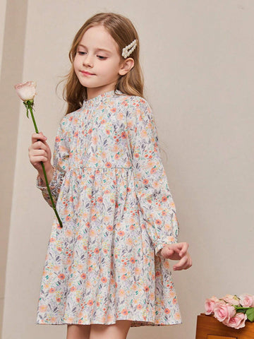 1pc Young Girl' Country Style Floral Puff Sleeve Mini Dress, Autumn