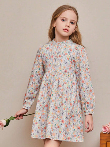 1pc Young Girl' Country Style Floral Puff Sleeve Mini Dress, Autumn