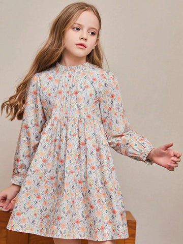1pc Young Girl' Country Style Floral Puff Sleeve Mini Dress, Autumn
