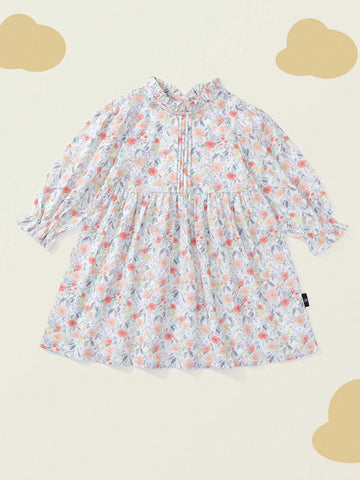 1pc Young Girl' Country Style Floral Puff Sleeve Mini Dress, Autumn