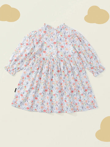 1pc Young Girl' Country Style Floral Puff Sleeve Mini Dress, Autumn