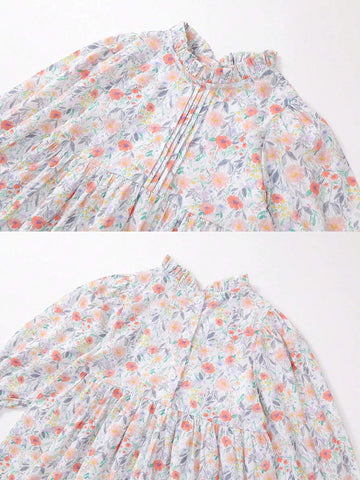 1pc Young Girl' Country Style Floral Puff Sleeve Mini Dress, Autumn