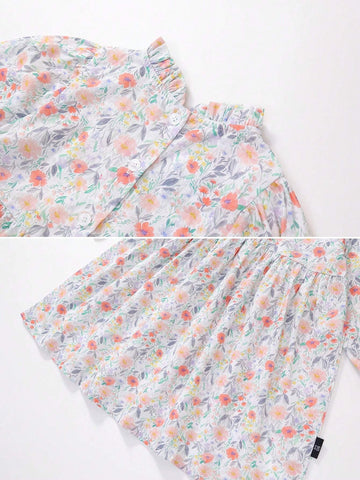 1pc Young Girl' Country Style Floral Puff Sleeve Mini Dress, Autumn